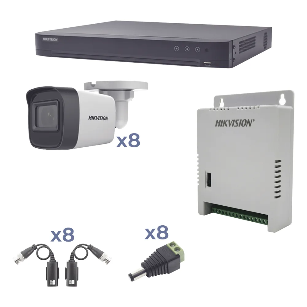 KIT TurboHD 1080p / DVR 8 Canales / 8 Cámaras Bala (exterior 2.8 mm) / Transceptores / Conectores / Fuente de Poder Profesional hasta 15 Vcc para Larga Distancia
