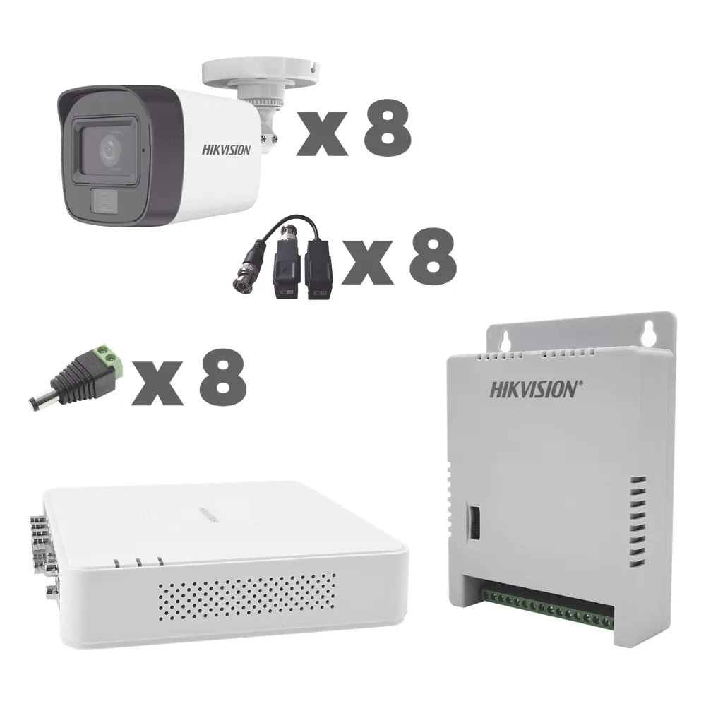 KIT TurboHD 1080p / DVR 8 Canales con audio por coaxitron / 8 Cámaras con Micrófono Integrado 101° Visión/  luz blanca + IR visión nocturna  / Transceptores / Conectores / Fuente de Poder Profesional