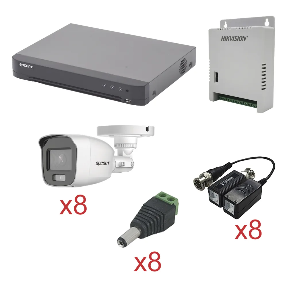 KIT TurboHD con Audio 1080p / DVR 8 Canales / 8 Cámaras Bala (exterior 2.8 mm) / Transceptores / Conectores / Fuente de Poder / AUDIO POR COAXITRON
