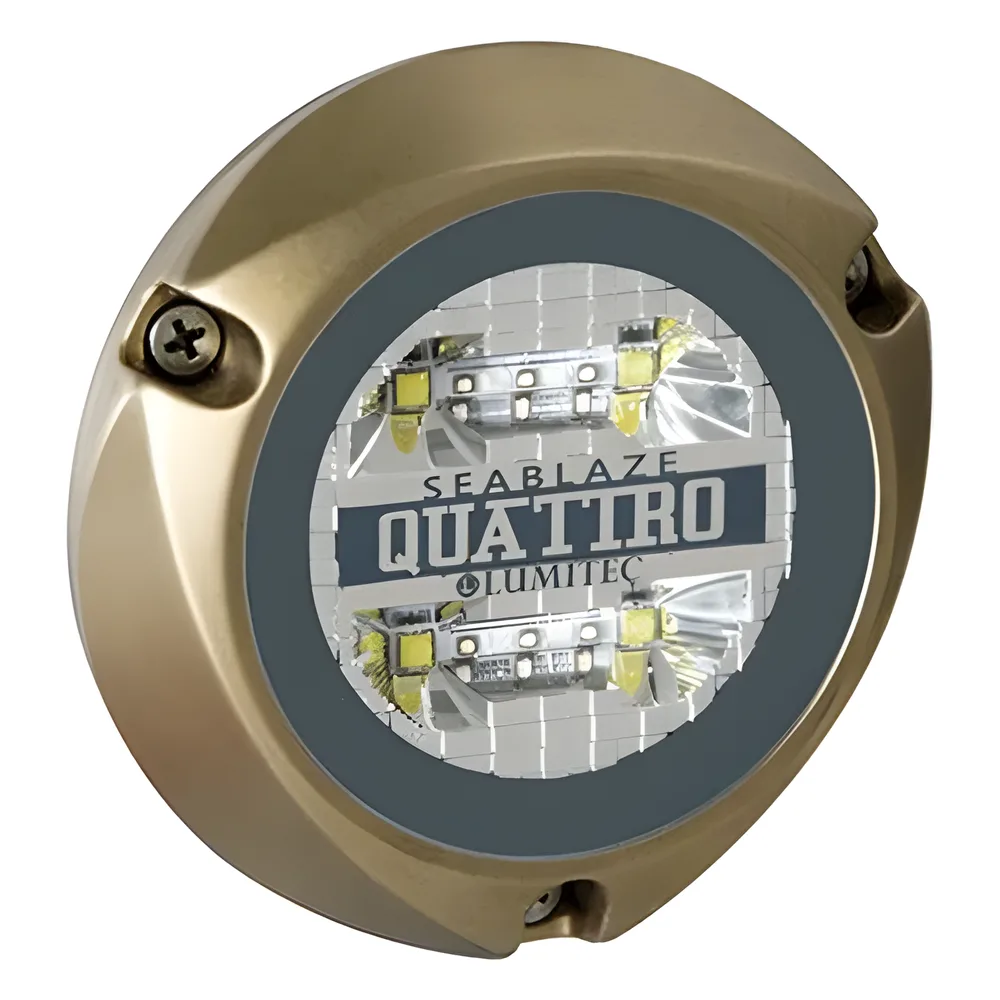 Luz led marina sumergible SeaBlaze Quattro, emite luz de color blanco y azul de 2000 lúmenes, fabricada en bronce naval con grado de protección IP68. – vista 3