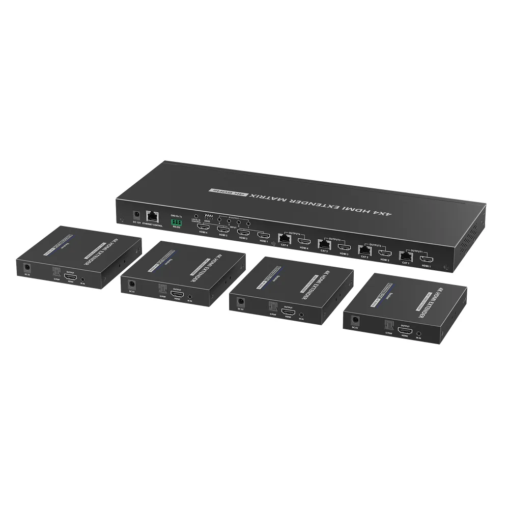 MATRICIAL Y EXTENSOR DE VIDEO HDMI 4 x 4 / 4 Entradas HDMI / 4 Salidas HDMI Loop / 4 Salidas RJ45 para Extender la señal 70 metros por salida  /4K / Conmutación por RS232, Control Remoto o Ethernet. – vista 2