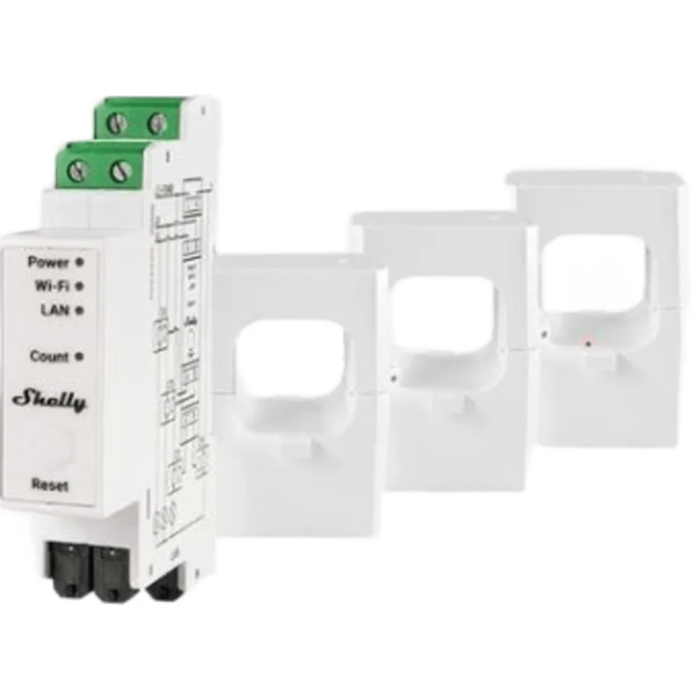 Medidor de Energía Trifásico / 400 A / Montaje Riel DIN / Wi-Fi + LAN + Bluetooth / Almacenamiento 60 Días / MQTT / Shelly Pro – vista 2