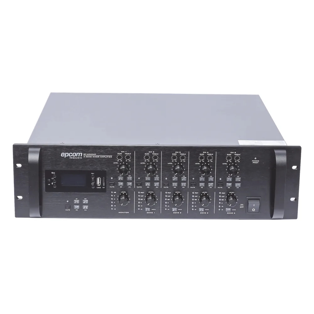 Mezclador Amplificador de Audio - 4 zonas de 240W RMS Hasta 960W | 4 Canales | 5 Entradas | MP3 Tuner USB/SD | 1 Entrada de Micrófono