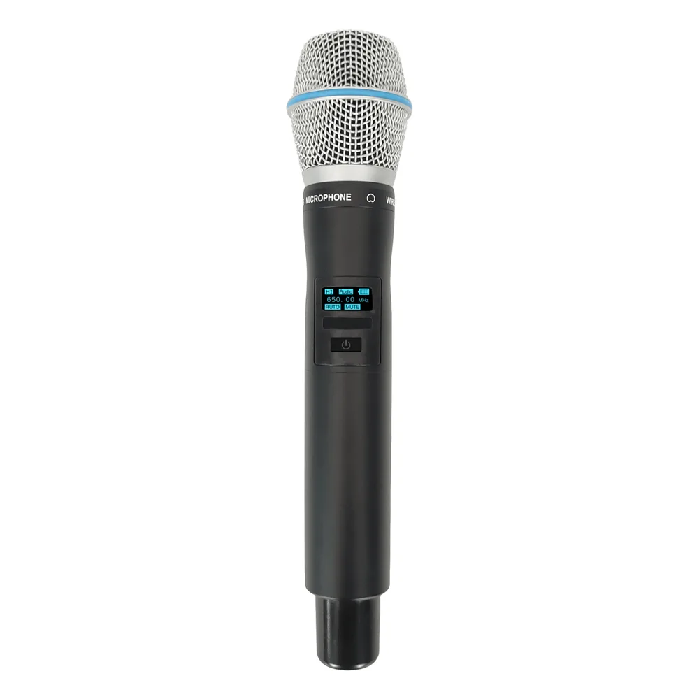 Micrófono Mano Inalámbrico EP-59H | Rango Frecuencia 470-510MHz, 540-590MHz, 640-690MHz, 807-830MHz | Potencia Salida ≥10dBm | Autonomía >10 Horas | Mute Automático por Caída | Display OLED | 7 Niveles Potencia Aju
