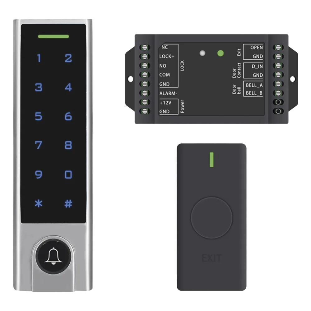 Mini Controlador de Acceso con Teclado Inalámbrico / Cuenta con Botón de Salida Inalámbrico / Soporta Tarjeta y Contraseña / Cuenta con Botón de Timbre