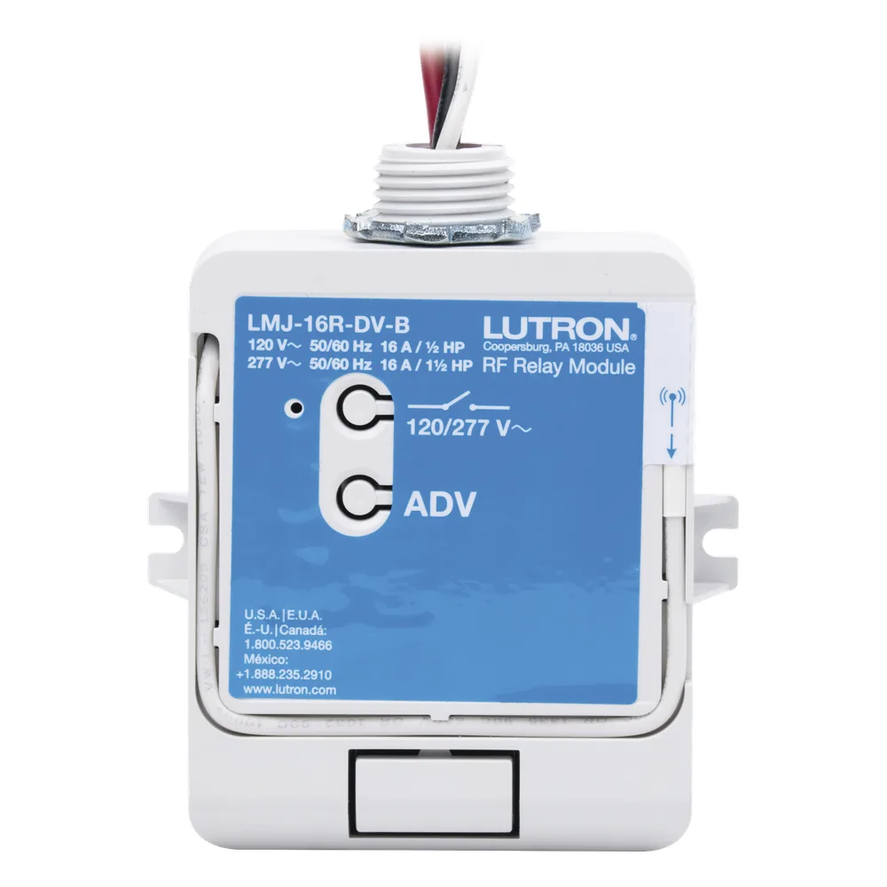 Módulo de relé de radiofrecuencia con tecnología Softswitch, conmuta hasta 16 A de propósito general, 120/277 V, apto para plenum, compatible con RA2 Select, RadioRA 2 y HomeWorks