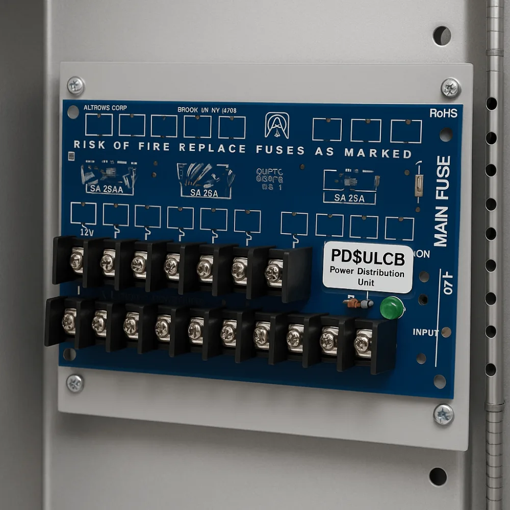 Módulo Distribuidor de Energía UL / 8 Salidas Clase 2 Protegidas PTC / Entrada 12-24VDC o 24-28VAC / Auto-resetable 2A por Salida / UL294-UL603-UL1481 / Montaje Incluido – vista 2