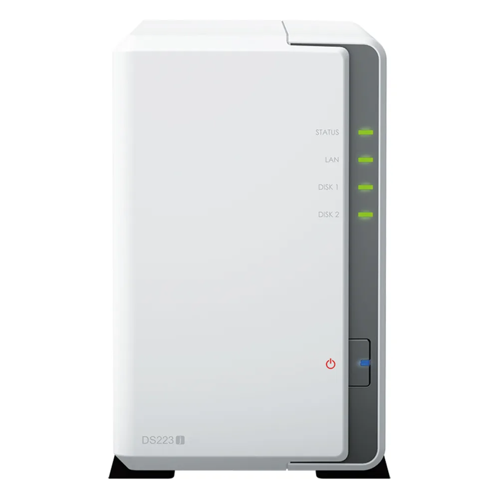 NAS DiskStation DS223j | 2 Bahías | CPU Realtek RTD1619B 1.7 GHz | 1 GB DDR4 | Puerto 1GbE RJ-45 | USB 3.2 Gen 1 | Compatible con HDD y SSD | Synology DSM | RAID 0, 1, JBOD | SMB, AFP, NFS, FTP | Vigilancia IP – vista 2