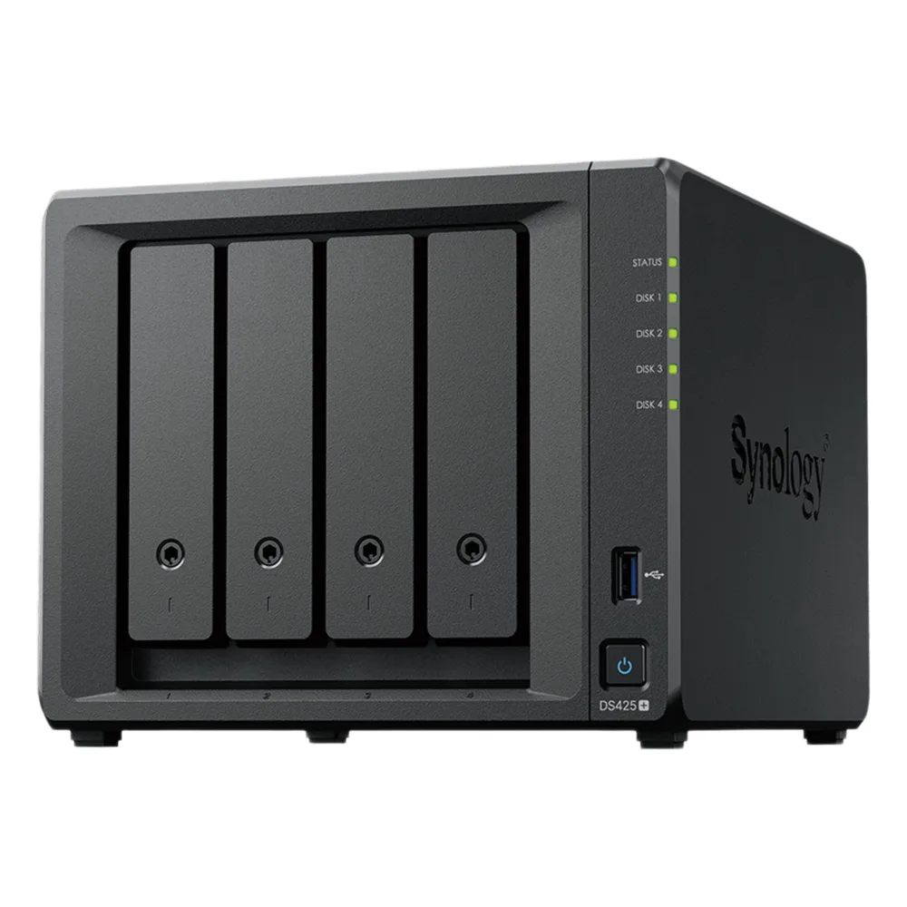 NAS DiskStation DS425+ | 4 Bahías | Intel Celeron J4125 2.7 GHz | 2 GB DDR4 / 2.5GbE + 1GbE | 2 Puertos USB 3.2 Gen 1 | 2 Ranuras M.2 NVMe | Hasta 80 TB | Synology DSM.