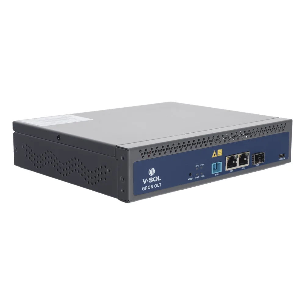 OLT de 1 puerto GPON SC/UPC + 3 puertos Uplink (2 puertos Gigabit Ethernet + 1 puerto SFP/SFP+), Fuente de alimentación redundante AC/DC , hasta 128 ONUS – vista 3