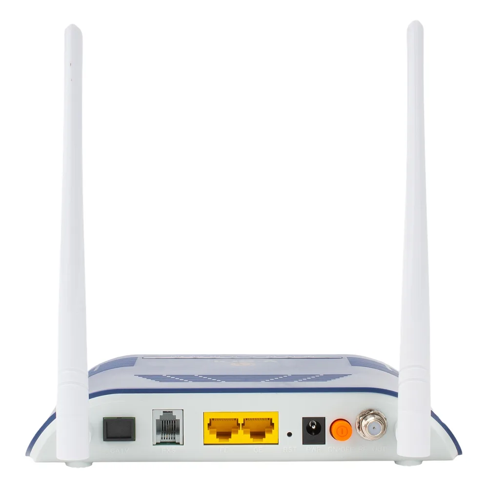 ONU Dual GPON/EPON con Wi-Fi en 2.4 GHz + 1 puerto SC/APC + 1 puerto LAN Gigabit + 1 puerto LAN Fast Ethernet + 1 puerto FXS + 1 puerto CATV, hasta 300 Mbps vía inalámbrico – vista 4