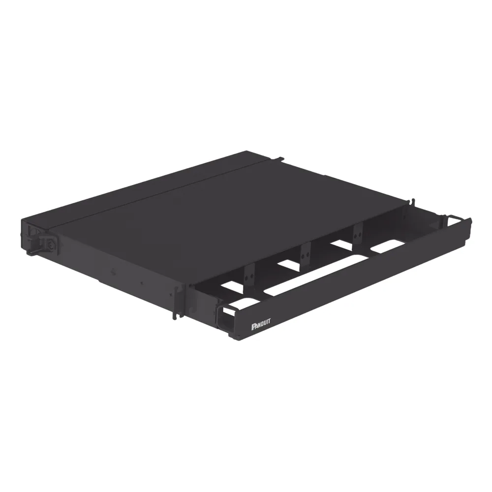 Panel de Distribución de Fibra Óptica, Acepta 4 Placas FAP o FMP, Bandeja Deslizable, Hasta 96 Fibras, Color Negro, 1UR – vista 2