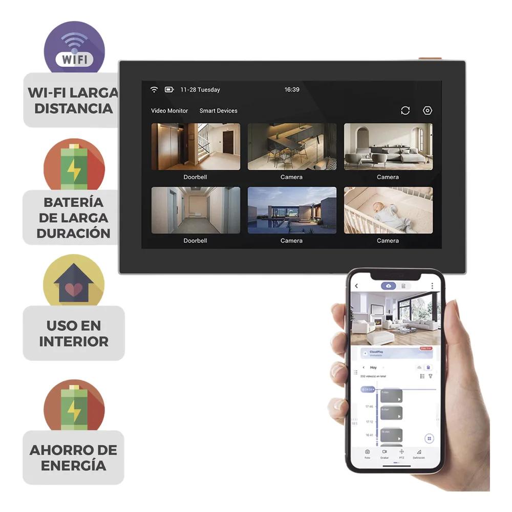 Pantalla Inalámbrica / Con Batería Recargable 4600mAh / Wi-Fi / Ideal Para Escritorio o Pared  / Vista en Vivo de Cámaras EZVIZ / Compatible con Videoportero CS-HP7  para ver Cámara y Apertura Remota  / Audio de Dos Vías