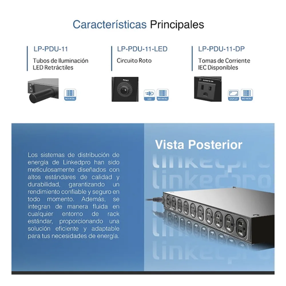 PDU para Distribución de Energía, Montaje en Rack, 11 salidas, Instalación Horizontal, de 19in, 1U, 15 Amp, 120 Vca – vista 5