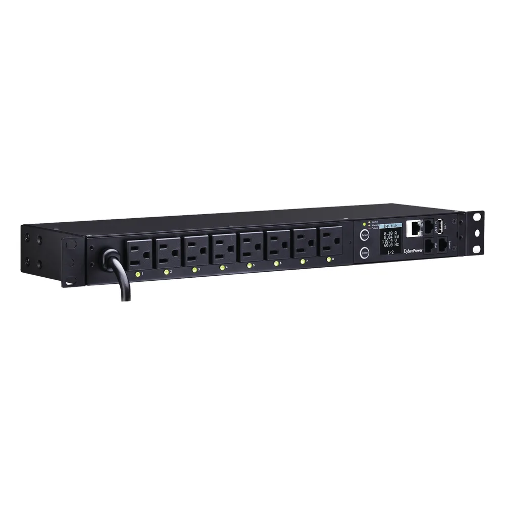 PDU Switchable por Toma, Para Distribución de Energía, Entrada 120 Vca NEMA 5-15P, Con 8 Salidas NEMA 5-15R, Horizontal 19in, 1UR