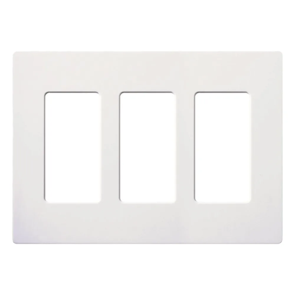 Placa de pared de 3 espacios sin tornillos visibles en acabado Snow satinado, compatible con atenuadores e interruptores Lutron Maestro, Diva, Claro y controles Pico