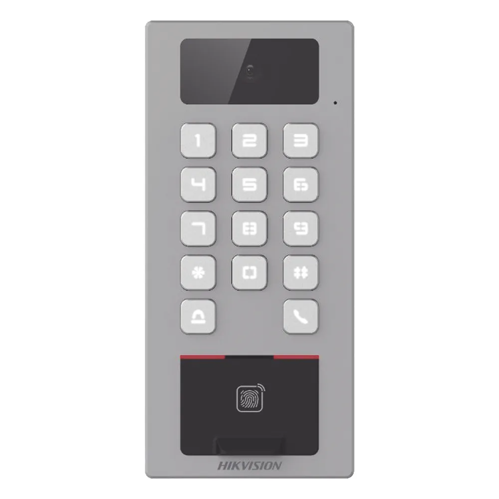 (PoE / 2 Relays) Terminal de Control de Acceso / Videoportero Multiapartamento Llamada a App / Teclado / Exterior Antivandálico IP65 & IK09 / Huella, Tarjeta, Código QR, PIN o App Hik-Connect  / Cámara 2 MP compatible con NVRs