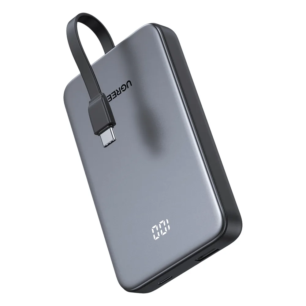 Power Bank 10000mAh con Cable Integrado 20W / Puerto USB-C PD3.0 PPS / Puerto USB-A SCP 22.5W / Batería Polímero Litio / Protecciones Múltiples / Indicador Digital / Material V-0