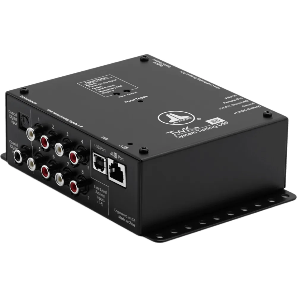 Procesador de Señal Digital (DSP) / 8 Canales de Entrada y 8 de Salida / Resolución 24 bit/48 kHz / Ajuste de Sistemas JL Audio TwK / Control de Nivel Remoto DRC-200 / Salida Óptica Toslink S/PDIF / Entrada Digital TwK-D8