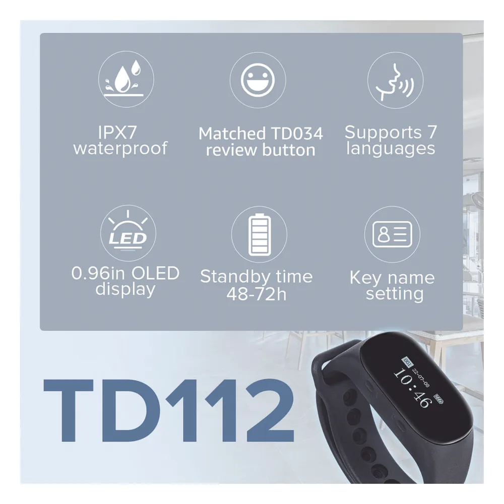 Reloj Buscador TD112 IPX7 / Resistente al Agua / Pantalla OLED / 180mAh / 48 Horas Standby / 80-100m Distancia de Recepción / Compatible con 50 Botones TD009 y T114 / 7 Idiomas / Almacenamiento de 10 Mensajes – vista 6
