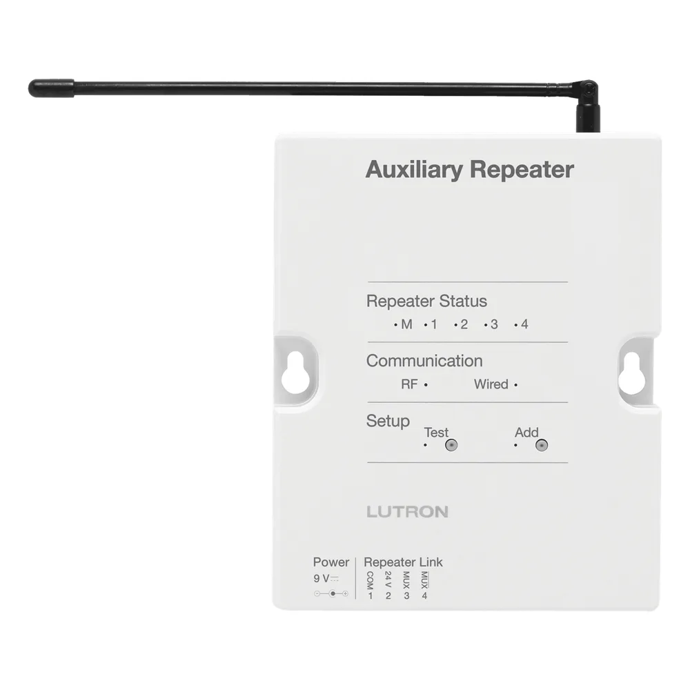 Repetidor auxiliar para ampliar el alcance de radiofrecuencia del sistema RadioRA 2 en aplicaciones grandes, exteriores y entre edificios, inalámbrico o con enlace RS485