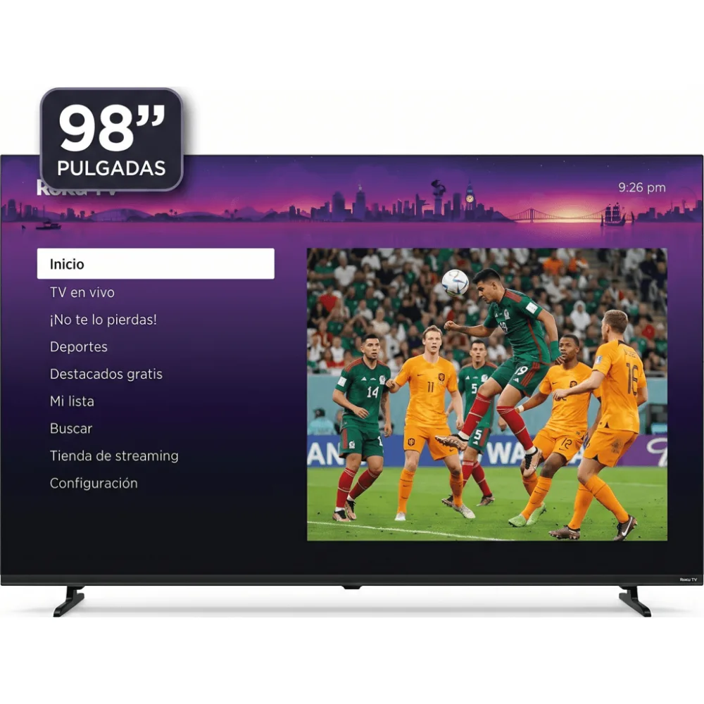 ROKU SmartTV QLED 98 pulgadas / Resolucion 4K UHD / Pantalla Gigante 2.19m × 1.25m / Audio Dolby 12W+12W / 3 HDMI con ARC-CEC / WiFi / VESA 700x400