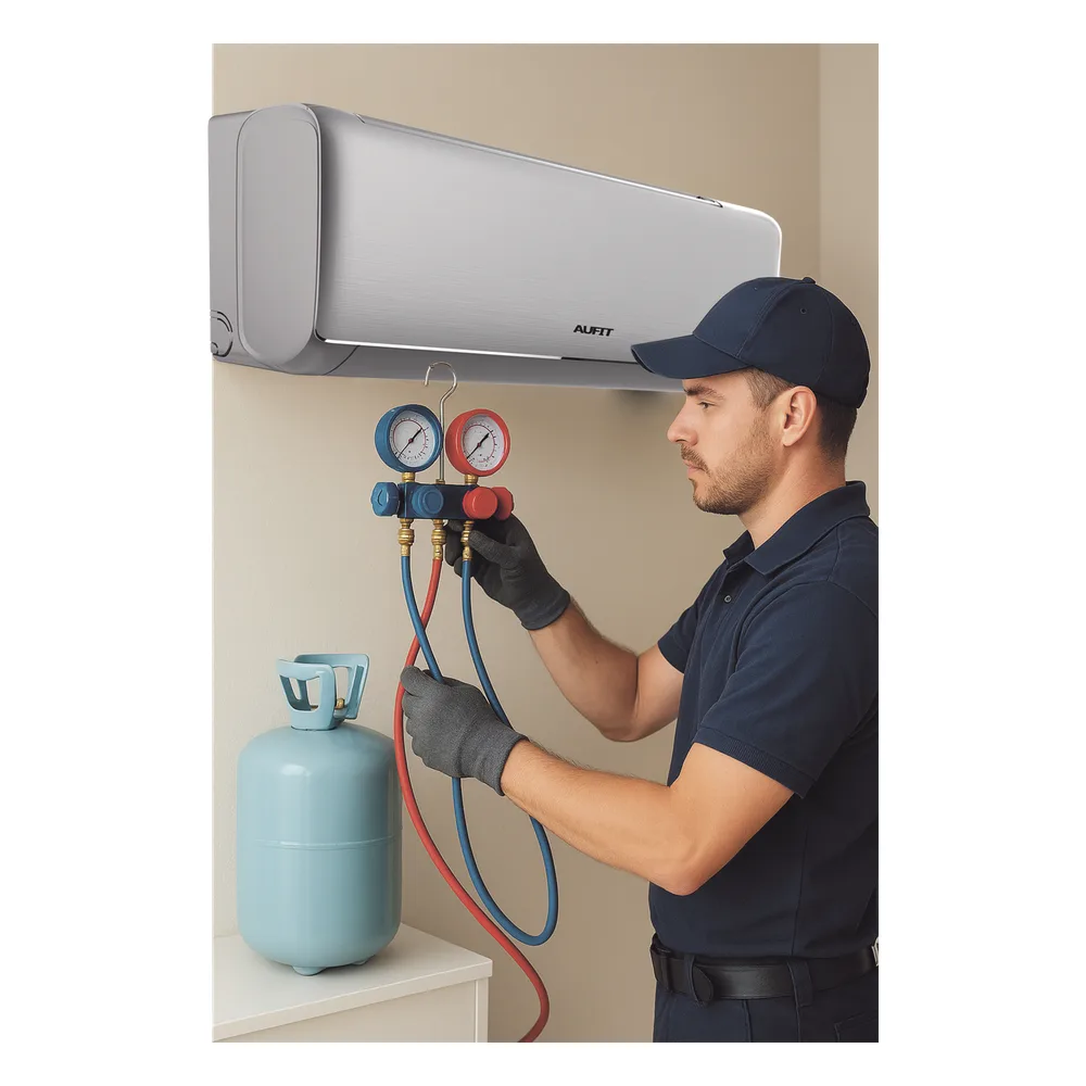 Servicio en Centro de laboratorio SYSCOM / Recarga de gas refrigerante / R32 / Minisplit AUFIT / Capacidad de 1 Tonelada