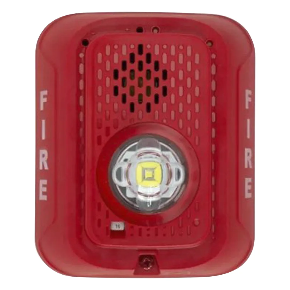 Sirena con estrobo LED de 2 hilos para pared, 24 Vcd, candela seleccionable hasta 185 cd, puntos de prueba DVM, color rojo