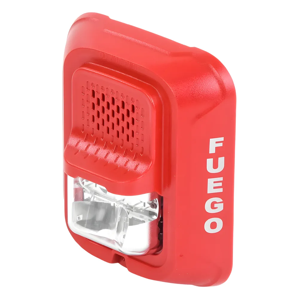 Sirena con lámpara estroboscópica de 2 hilos para pared, color rojo, leyenda FUEGO, candela seleccionable en campo – vista 2