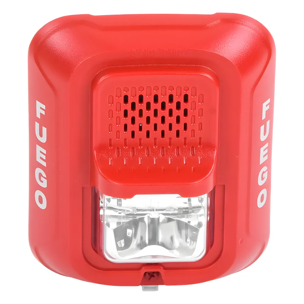 Sirena con lámpara estroboscópica de 2 hilos para pared, color rojo, leyenda FUEGO, candela seleccionable en campo – vista 4