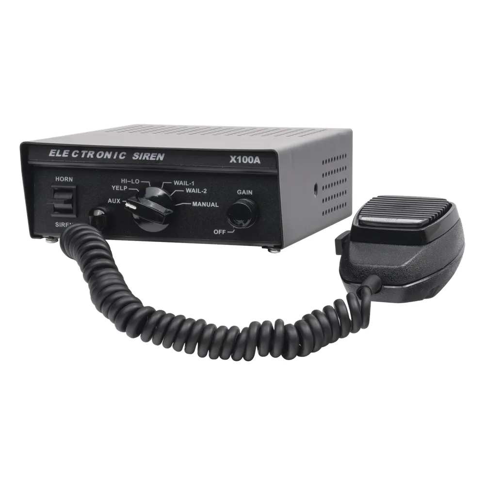 Sirena Vehicular de 100W de Potencia, Con Switch Giratorio de 6 posiciones y Micrófono Integrado de Uso Rudo