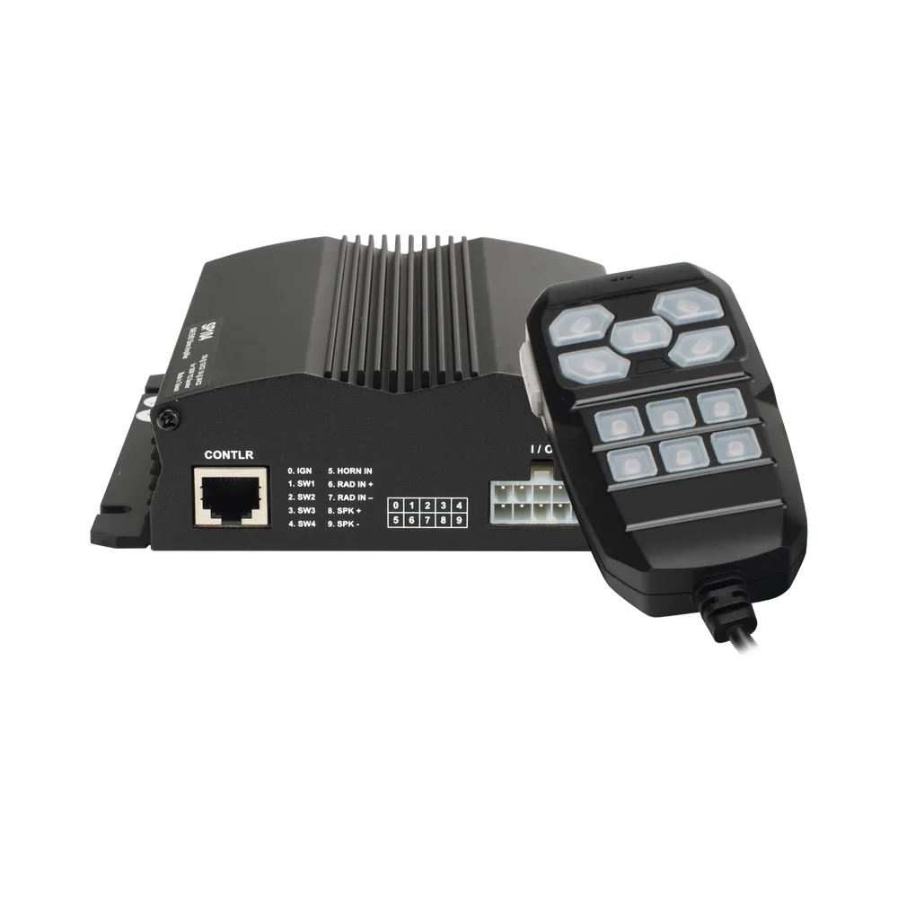 Sirena Vehicular de 100W de Potencia, Incluye Controlador Unimando Para Control de Tonos, 4 Salidas Auxiliares y Microfono
