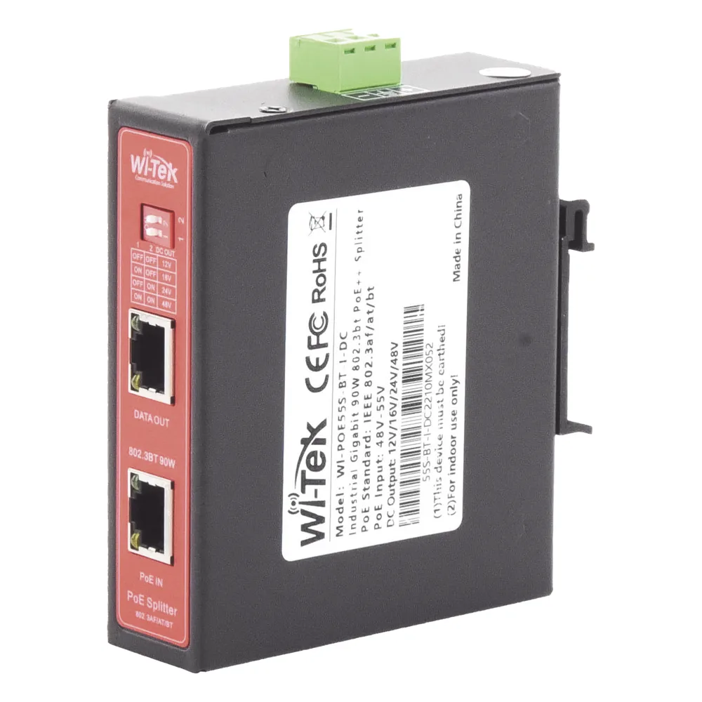 Splitter PoE IN hasta 90 W / Salida DC 12v/16V/24v o 48V / Carcasa metálica / Industrial soporte para riel DIN / Aplicaciones CCTV
