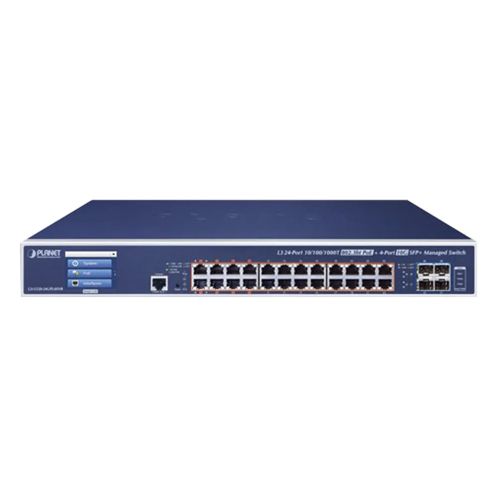 Switch Administrable Capa 3, 24 Puertos Gigabit 802.3bt, Hasta 600 W, 4 Puertos 10 G SFP+, Con Pantalla Táctil para Configuración Básica – vista 2