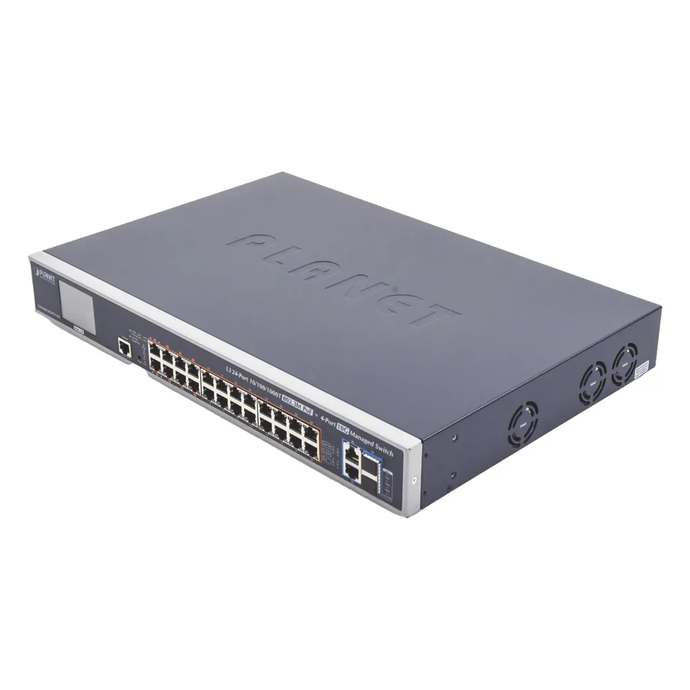 Switch Administrable L3, 24 puertos Gigabit PoE 802.3bt, 2 puertos 10G SFP+, Pantalla Tactil, Fuente Redundante, (600W) – vista 2