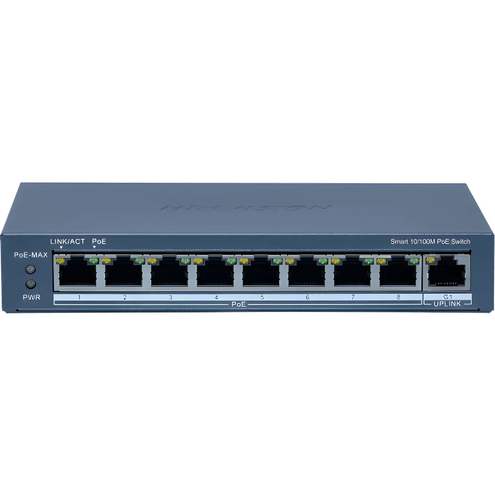 Switch Administrable PoE+ / 8 puertos 100 Mbps PoE+ / 1 puerto 1000 Mbps de Uplink / PoE hasta 300 Metros / Conexión Remota desde Hik-ParnerPro / 110 W – vista 2