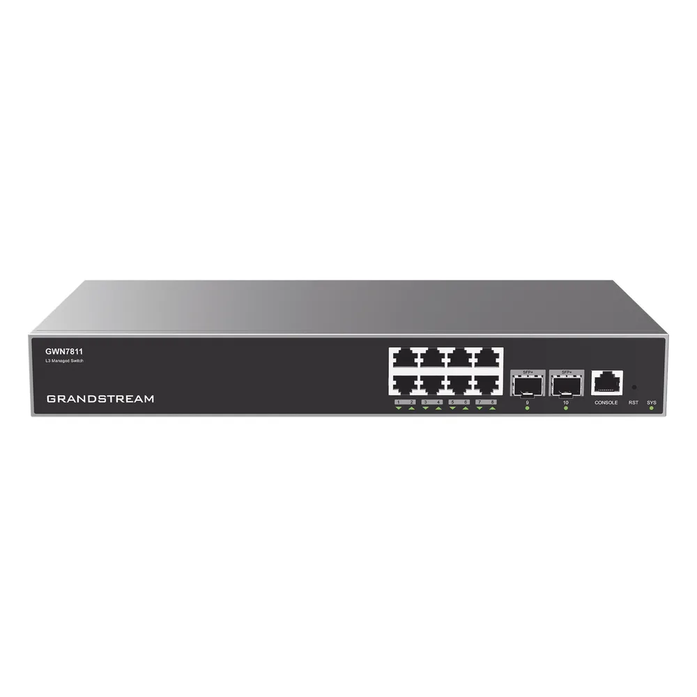 Switch Capa 3 Administrable / 8 puertos 10/100/1000 Mbps + 2 Puertos SFP+ 10 Gigabit / Compatible con GWN Cloud.