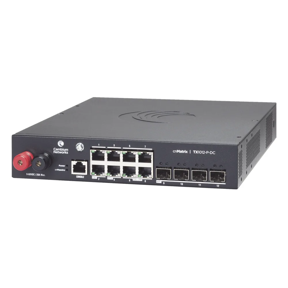 Switch cnMatrix WISP TX1012-DC-P de 8 puertos PoE y 4 SFP+, 170 W PoE Budget, Capa 2, gestión cnMaestro On-Premises, para corriente directa – vista 2