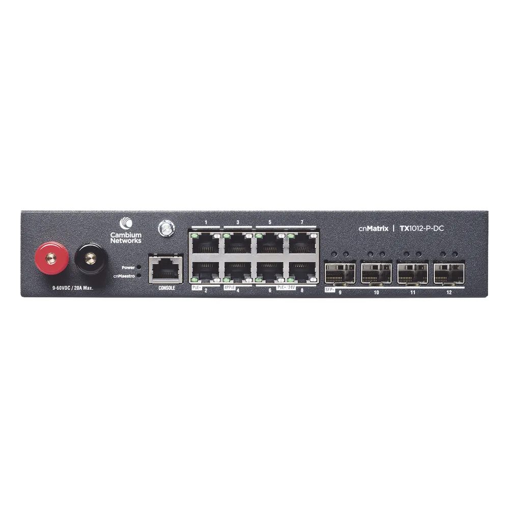 Switch cnMatrix WISP TX1012-DC-P de 8 puertos PoE y 4 SFP+, 170 W PoE Budget, Capa 2, gestión cnMaestro On-Premises, para corriente directa