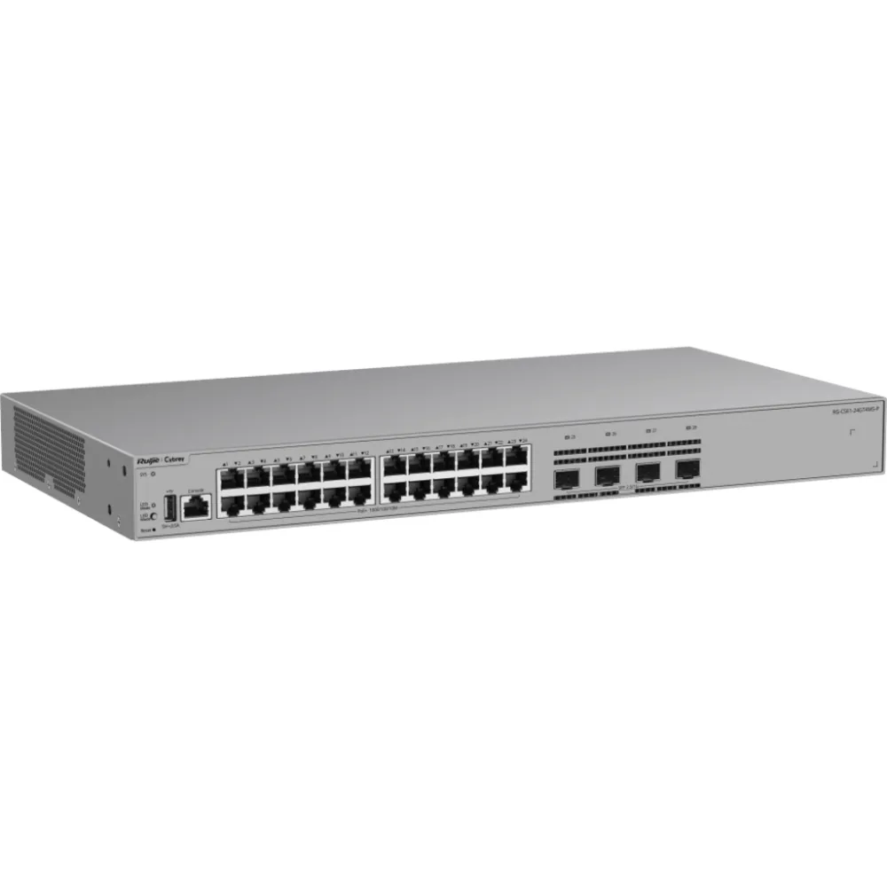 Switch de Acceso Capa 3 / 24 Puertos Gigabit PoE+ / 4 Puertos SFP 2.5GE / 370W PoE / VSU / OSPF / RIP / Protección contra Sobretensiones 10kV / Ventilador Fijo / Línea Cybrey