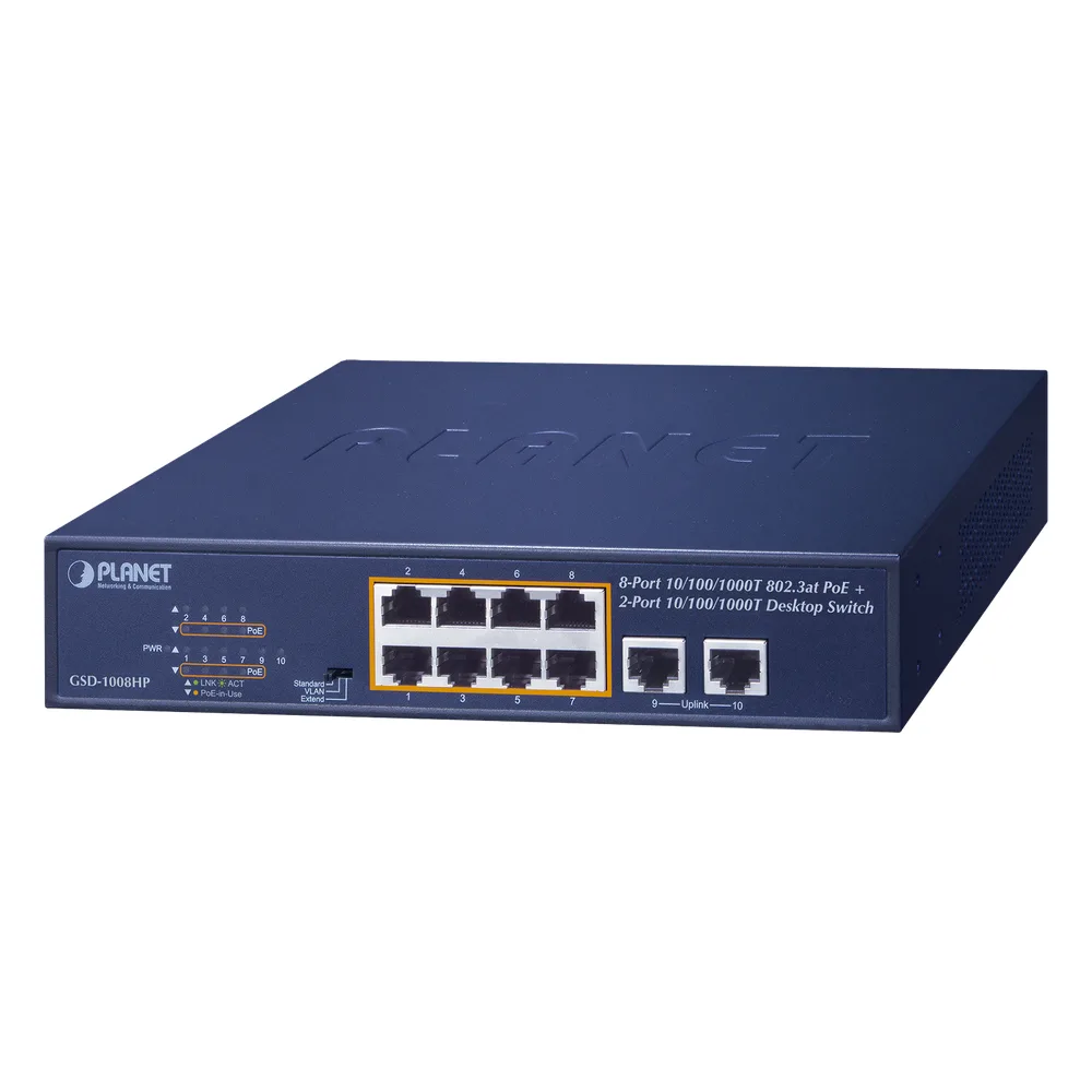 Switch de Escritorio No Administrable / 8 Puertos 10/100/1000T PoE+ 802.3at / 2 Puertos Uplink 10/100/1000T / Presupuesto PoE 120 Watts / Modos Estándar, VLAN y Extend / Distancia Extendida 250 mts / Rackeable