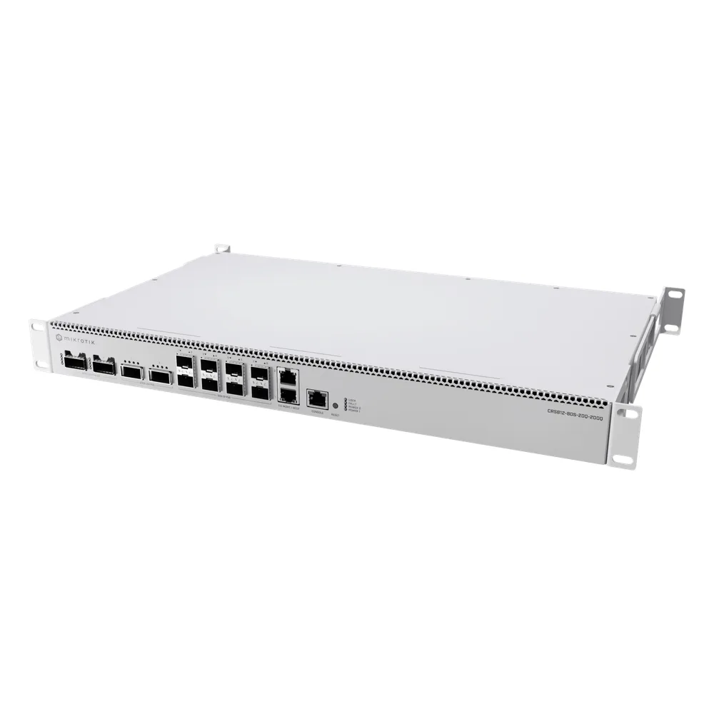 Switch de Red MikroTik CRS812 DDQ / 400 Gbps / 8 Puertos SFP56 de 50G / 2 Puertos QSFP56 de 200G / 2 Puertos QSFP56-DD de 400G / RouterOS v7 / ARM Quad-Core 2 GHz / 4 GB RAM / Rackmount – vista 2