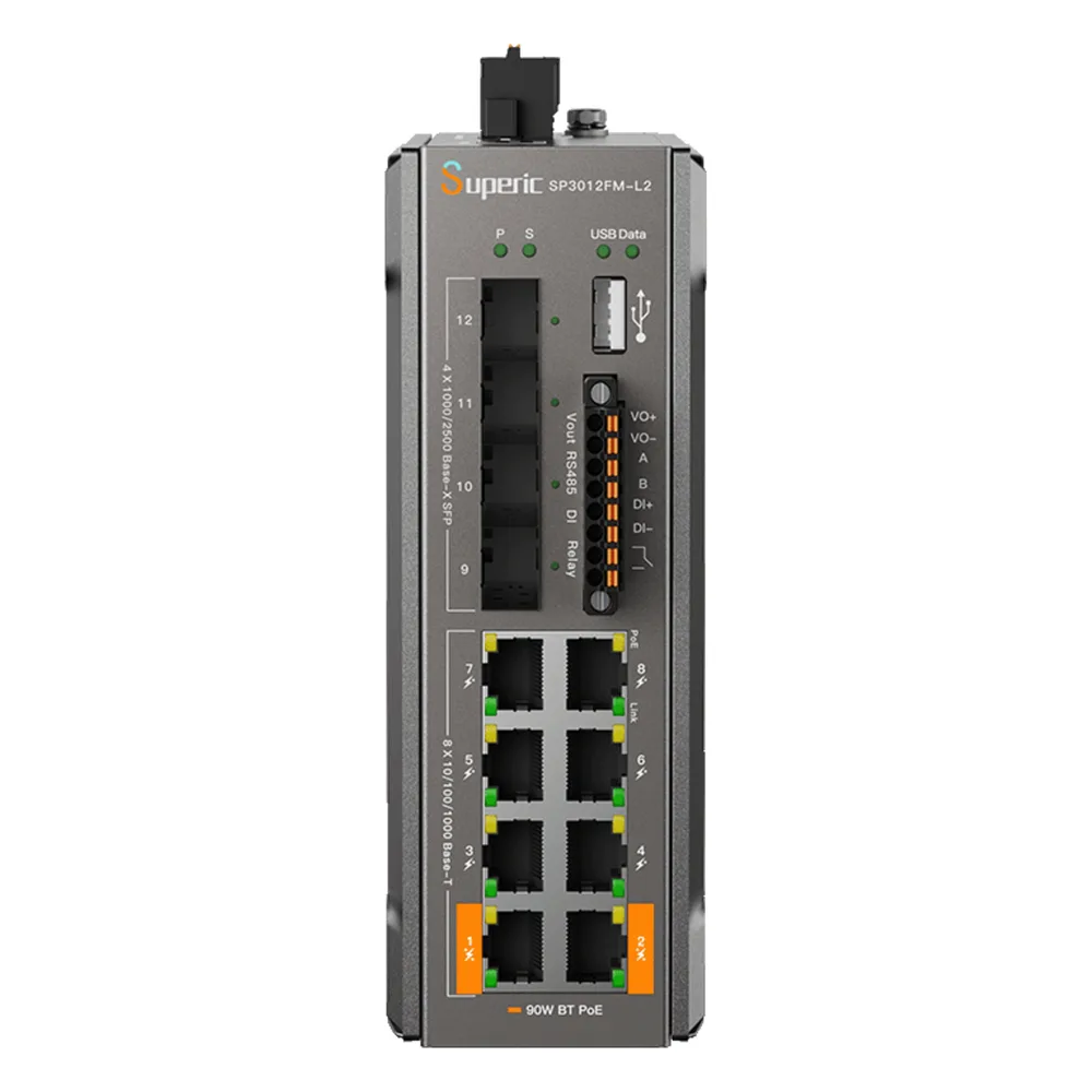 Switch de Red SP3012FM-L2(V3) / 8 Puertos 10/100/1000Mbps PoE / 4 Puertos SFP 1000M/2.5Gbps / Capacidad de Conmutación 36Gbps / Presupuesto PoE 240W / Alimentación Dual DC / Instalación DIN-rail, Pared o Escritorio / Certificaciones CE, FCC, RoHS, UKCA