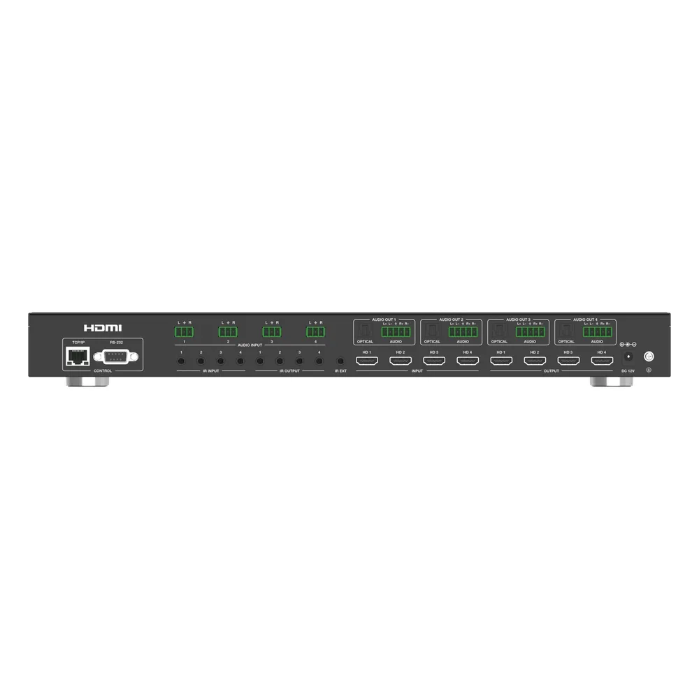 Switch de Video Matrix 4x4 HDMI 2.0 | 18Gbps Ancho de Banda | 4K2K@60Hz Resolución | 4 Entradas 4 Salidas HDMI | Audio LPCM y Dolby Digital | Control TCP-IP y RS-232 | Conectores Phoenix para Audio | Metal Enclosure – vista 2
