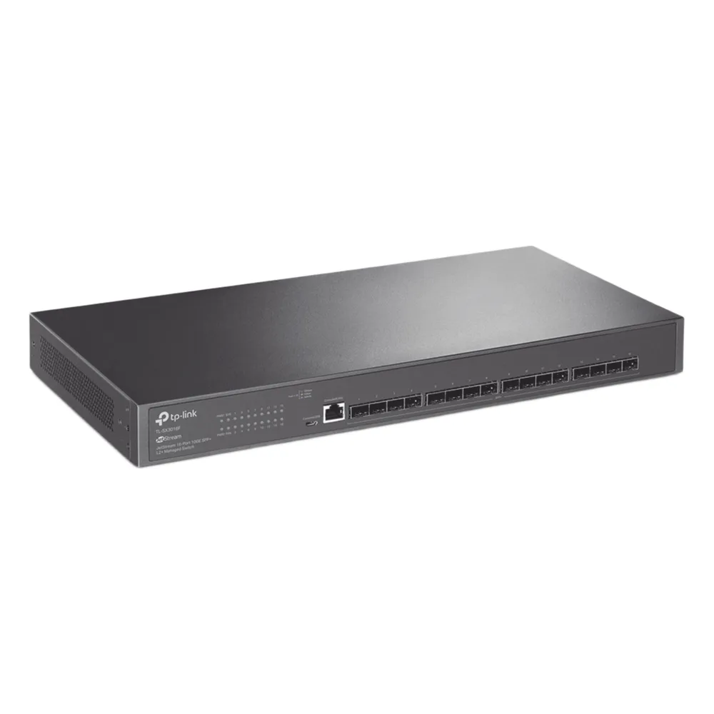 Switch Fibra Óptica L2+ Omada / 16 Puertos SFP+ 10G / 2 Puertos Consola (RJ45 y micro-USB) / Administración Centralizada Omada o Stand-Alone / Multicast IGMP / Calidad de Servicio / Montaje en Rack / Silencioso (sin ventiladores)