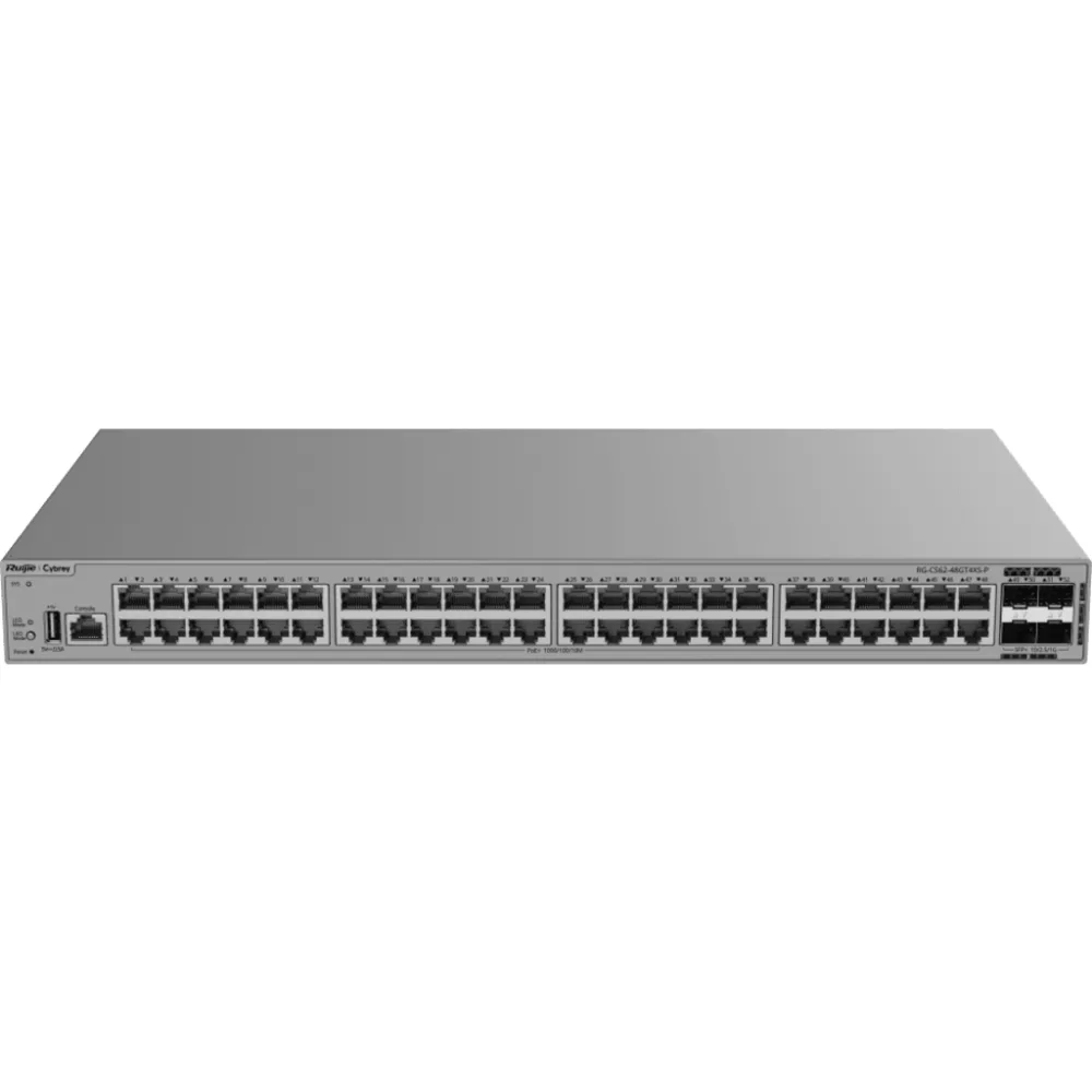 Switch Gigabit PoE+ 48 Puertos / 4 Puertos SFP+ 10GE / Capacidad de Conmutación 176 Gbps / Tasa de Reenvío 130.944 Mpps / PoE 370 W / Capa 3 / VSU / Ventilación Forzada / 1 RU / Línea Cybrey – vista 2