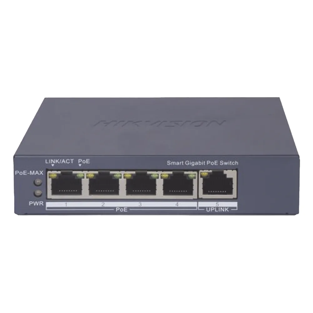 Switch Gigabit PoE+ / Administrable / 4 Puertos 1000 Mbps PoE+ / 1 Puerto 1000 Mbps Uplink / Configuración Nube Hik-PartnerPro / Modo Extendido hasta 300 Metros / 60 Watts