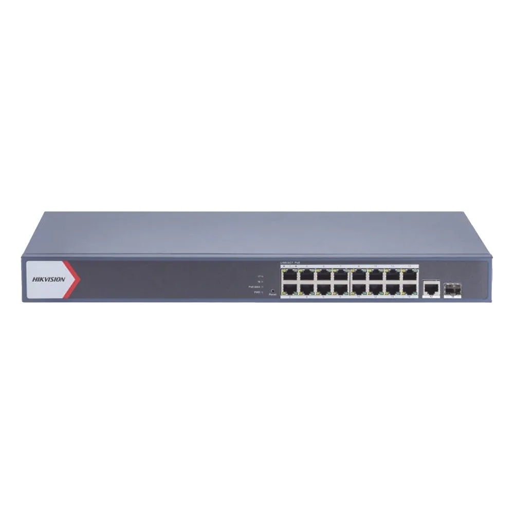 Switch Gigabit PoE+ / Monitoreable / 16 Puertos 1000 Mbps PoE+ / 1 Puerto 1000 Mbps de Uplink / 1 Puerto SFP /  Configuración Nube desde Hik-PartnerPro / Modo Extendido hasta 300 Metros / 130 Watts – vista 2