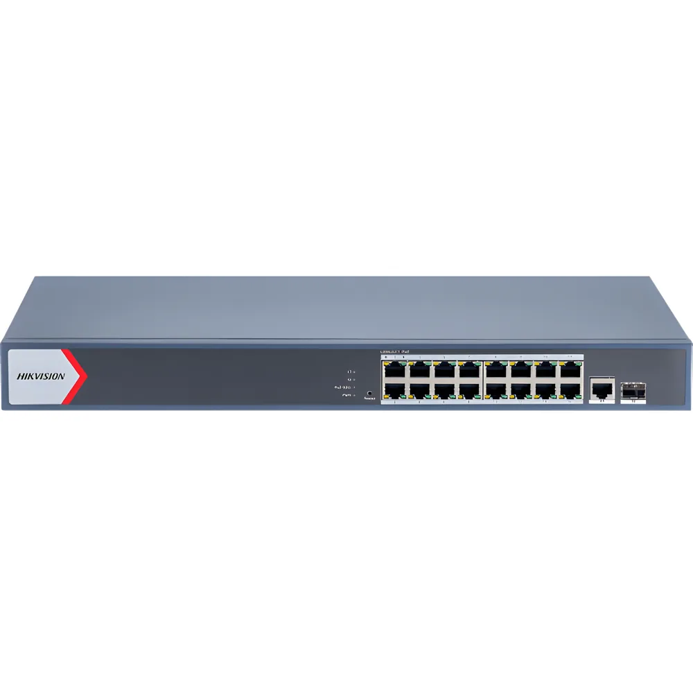 Switch Gigabit PoE+ / Monitoreable / 16 Puertos 1000 Mbps PoE+ / 1 Puerto 1000 Mbps de Uplink / 1 Puerto SFP /  Configuración Nube desde Hik-PartnerPro / Modo Extendido hasta 300 Metros / 130 Watts – vista 3