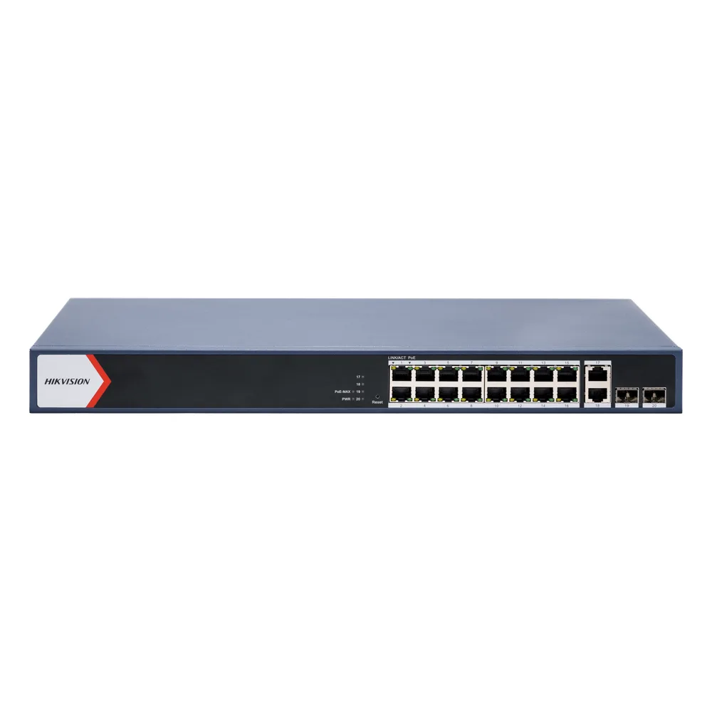Switch Gigabit PoE+ / Monitoreable / 16 Puertos 1000 Mbps PoE+ / 2 Puerto 1000 Mbps de Uplink / 2 Puerto SFP /  Configuración Nube desde Hik-PartnerPro / Modo Extendido hasta 300 Metros / 125 Watts